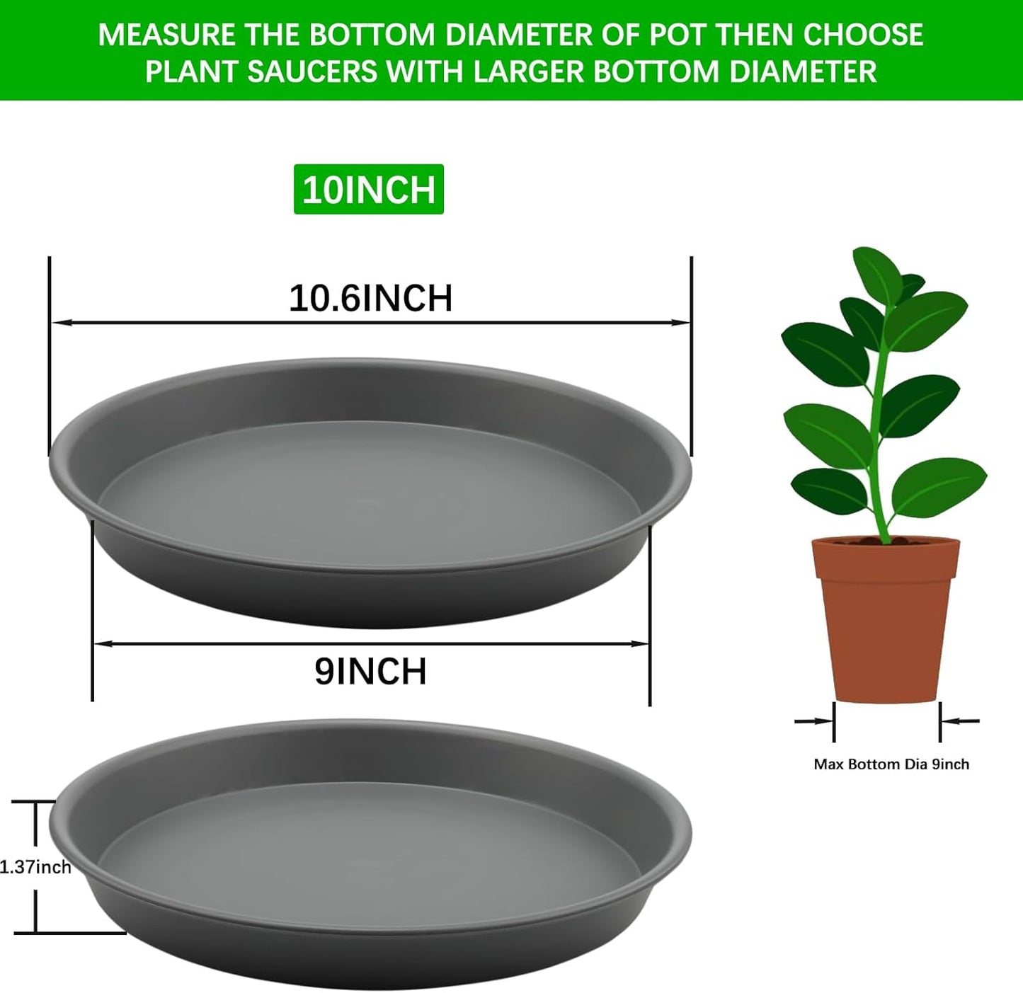 TITE Plant Saucer Heavy Large Planter Durable Thicker Plastic Plant Trays for Indoors and Outdoor,Plant Saucer Drip Trays (Grey, 10 inch)
