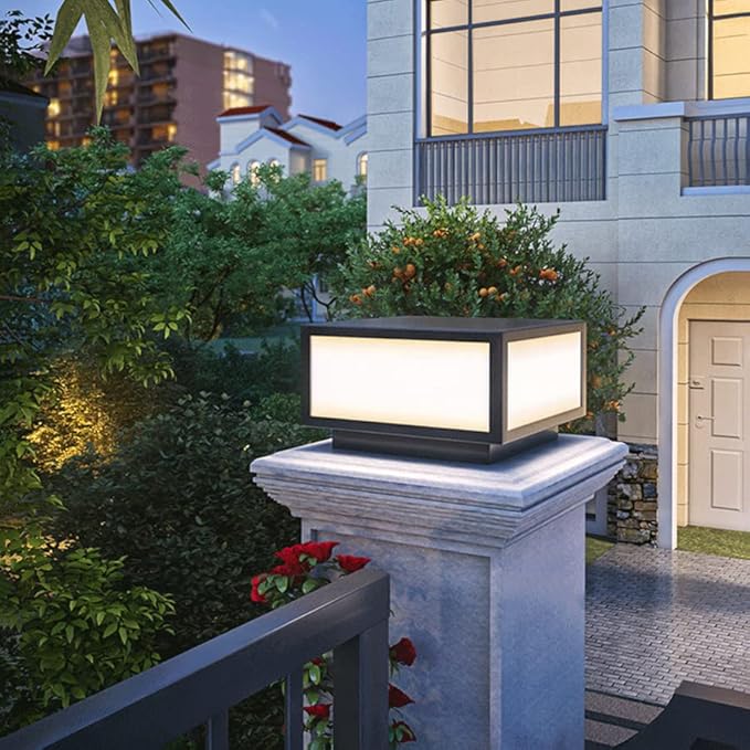 Pillar Lamp Post Light, Tempered Glass Shade，Fence Deck Cap Light Lantern Column Lamp for Flat Surface Patio Garden Decoration with IP55 Waterproof E26 LED Bulb (Electric Powered)