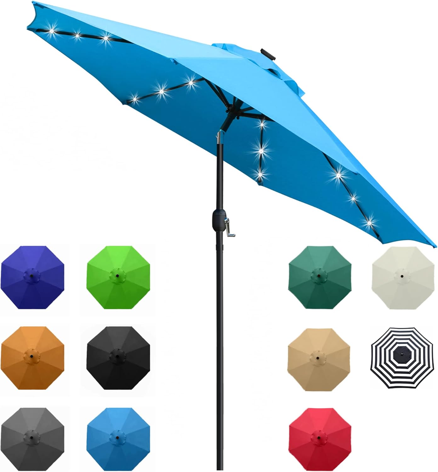 Sunnyglade 9' Solar LED Lighted Umbrella with 8 Ribs Adjustment and Crank Lift System for Patio(Blue)