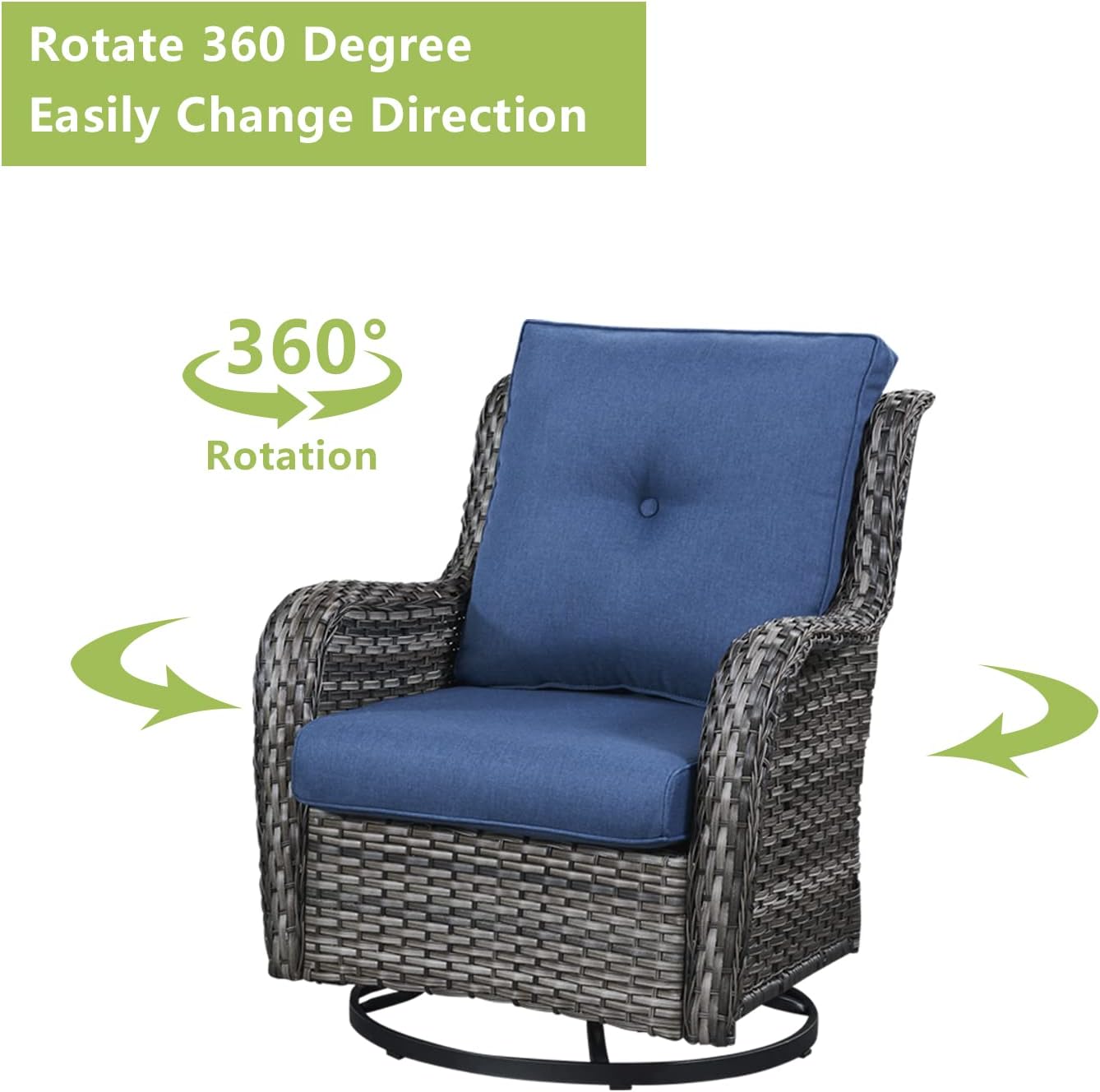 Outdoor Wicker Patio Furniture Set - 6 Piece Rattan Patio Conversation Set with 2 Rocking Swivel Chairs,2 Ottomans,1 Loveseat and 1 Coffee Table for Porch Deck Backyard Garden(Mixed Grey/Blue)