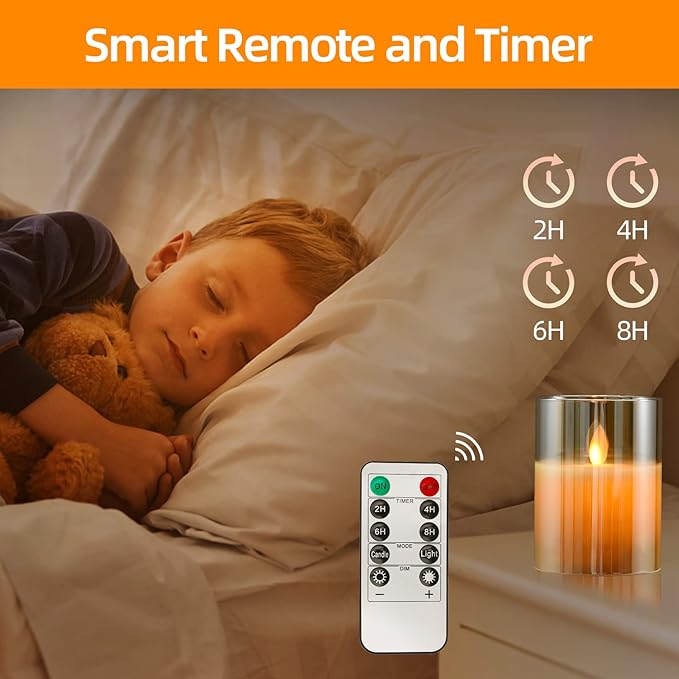 JOSU Flameless Candles 4" 5" 6" Set of 3 Outdoor Indoor Fake Pillars Gold Glass LED Battery Operated Candles Include 10-Key Remote Timer for Wedding Party Halloween Christmas Thanksgiving Fall Diwali