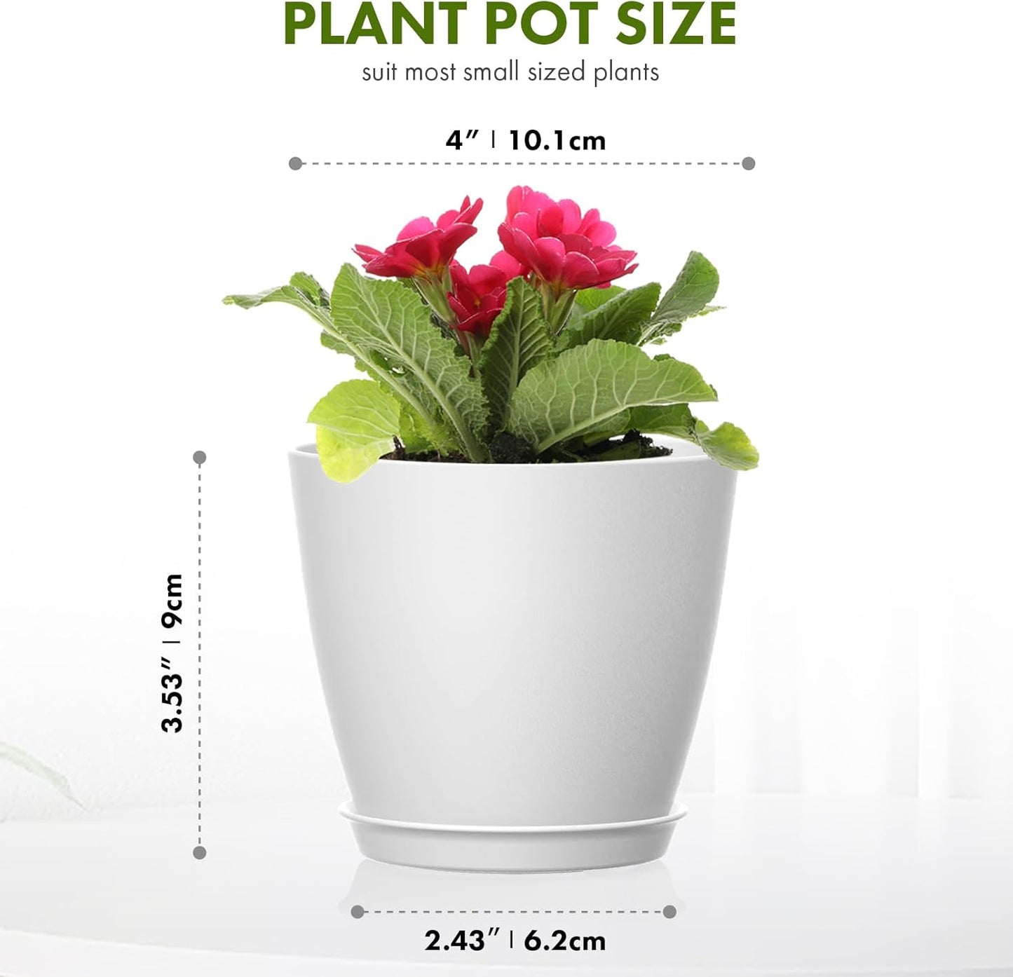 16 Pack 4 Inch Plant Pots with Drainage Holes and Saucers, Pots for Plant Indoor, Plastic Planters for Succulents and Small Plants, White