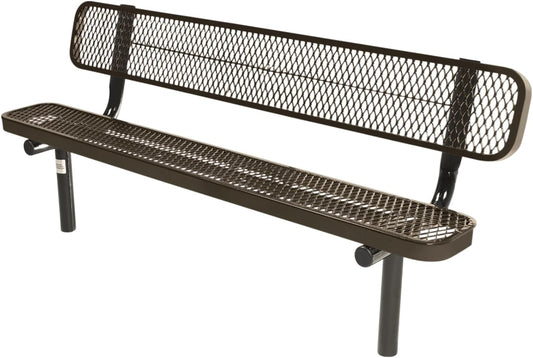 Coated Outdoor Furniture Heavy-Duty Outdoor Bench Thermoplastic Coated, Expanded Metal, Commercial-Grade Seating, Made in America (Inground with Back, 6 Ft, Textured Brown)