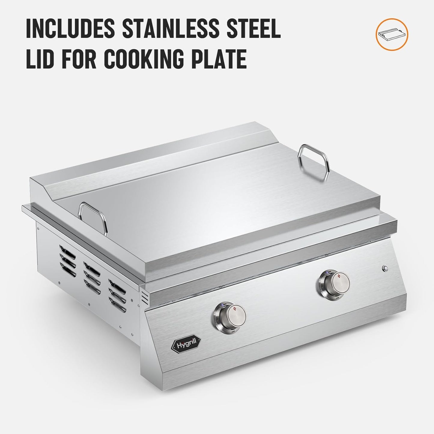 Hygrill 30-Inch Premium Built-In Natural Gas Griddle for Outdoor Kitchen, Durable 304 Stainless Steel 2-Burner Flat Top Grill with Lid and LED lights