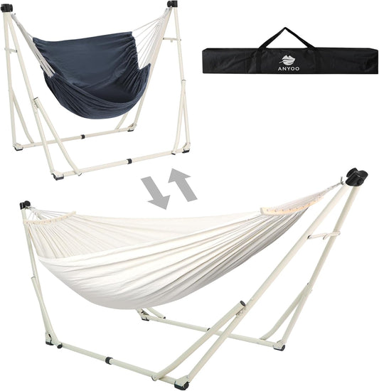 Anyoo 2 in 1 Hammock and Swinging Chair with Collapsible Steel Stand & Carrying Case,Portable & Adjustable,Easy Set Up for Outdoor,Indoor,Porch Swing,Patio,Garden,Camping Trip