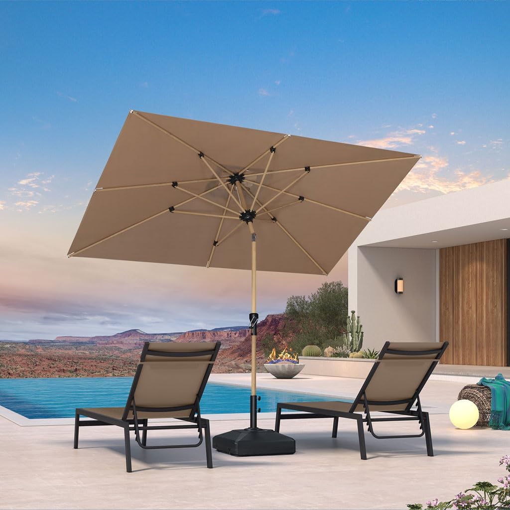 PURPLE LEAF 6' x 9' Patio Umbrella with Base Market Umbrella Rectangular Outdoor Umbrella with Push Button Tilt & Crank and 8 Ribs Aluminum Table Umbrella for Pool Backyard Beach, Taupe