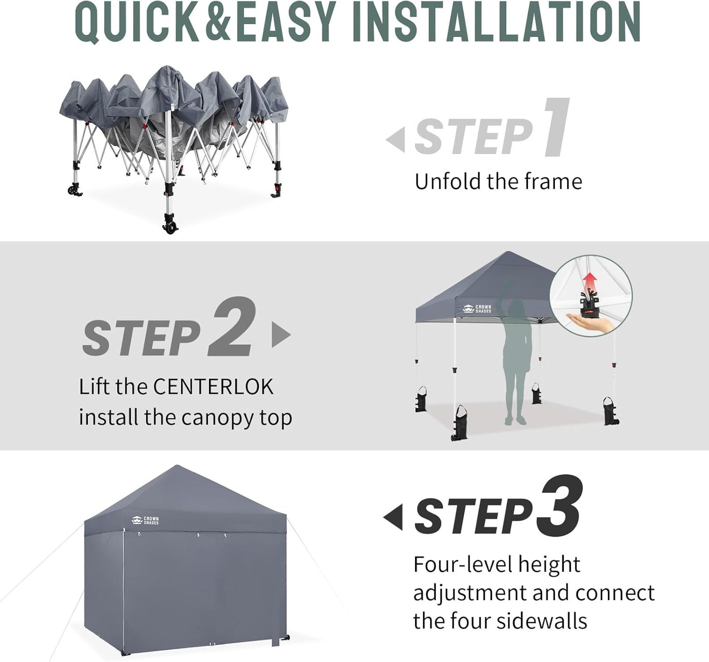 CROWN SHADES Pop Up Canopy Tent, 8x8 Commercial Canopy Tent with 4 Sidewalls, 4" Wheels, 4 Upgraded Weights, Patented Centerlock, 400D Fabric, Sto'N Go Bag, Gray