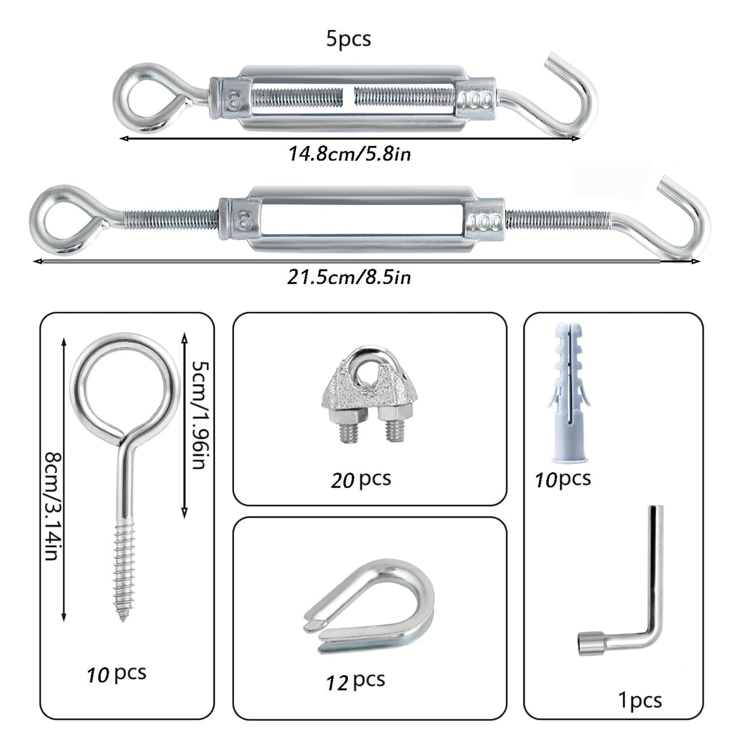 M6 Turnbuckles for Cables Wire Kit, 1/8" PVC Coated Steel Cable Kit w/ 7×7 Strand Core & 100Ft Wire Rope Tensioner Strainer for String Light Hanging/Deck Stair Railings/Shade Sail/Clothes Line