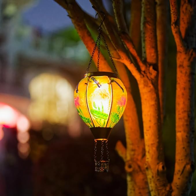 Starsoul Starsoul Dragonfly Hot Air Balloon Solar Lantern Glass Outdoor Hanging Hot Air Balloon Solar Flickering Flame Light Waterproof Garden Patio Yard Party Decorations