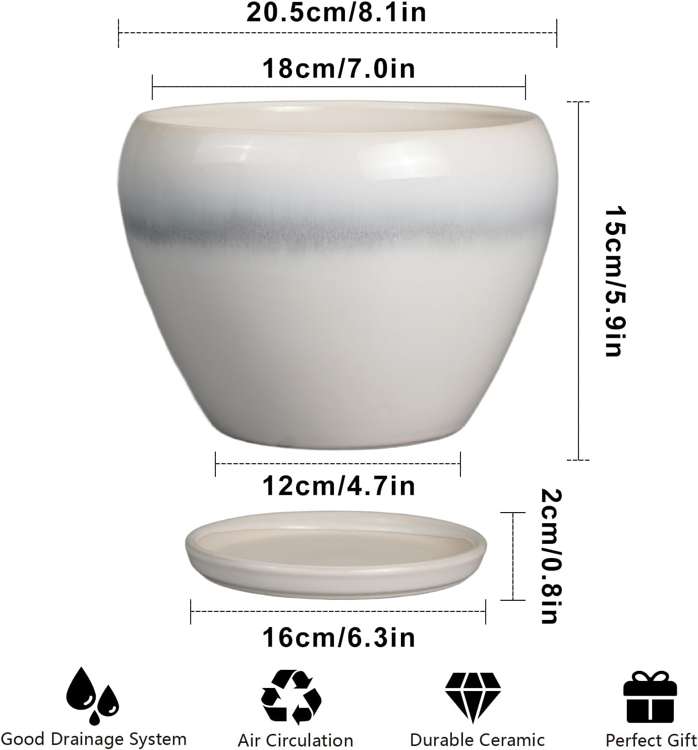 Ceramic Planter - 8 Inch Plant Pot with Drainage Hole and Saucer, Glaze Round Flower Pot for Home Garden Patio Office, White