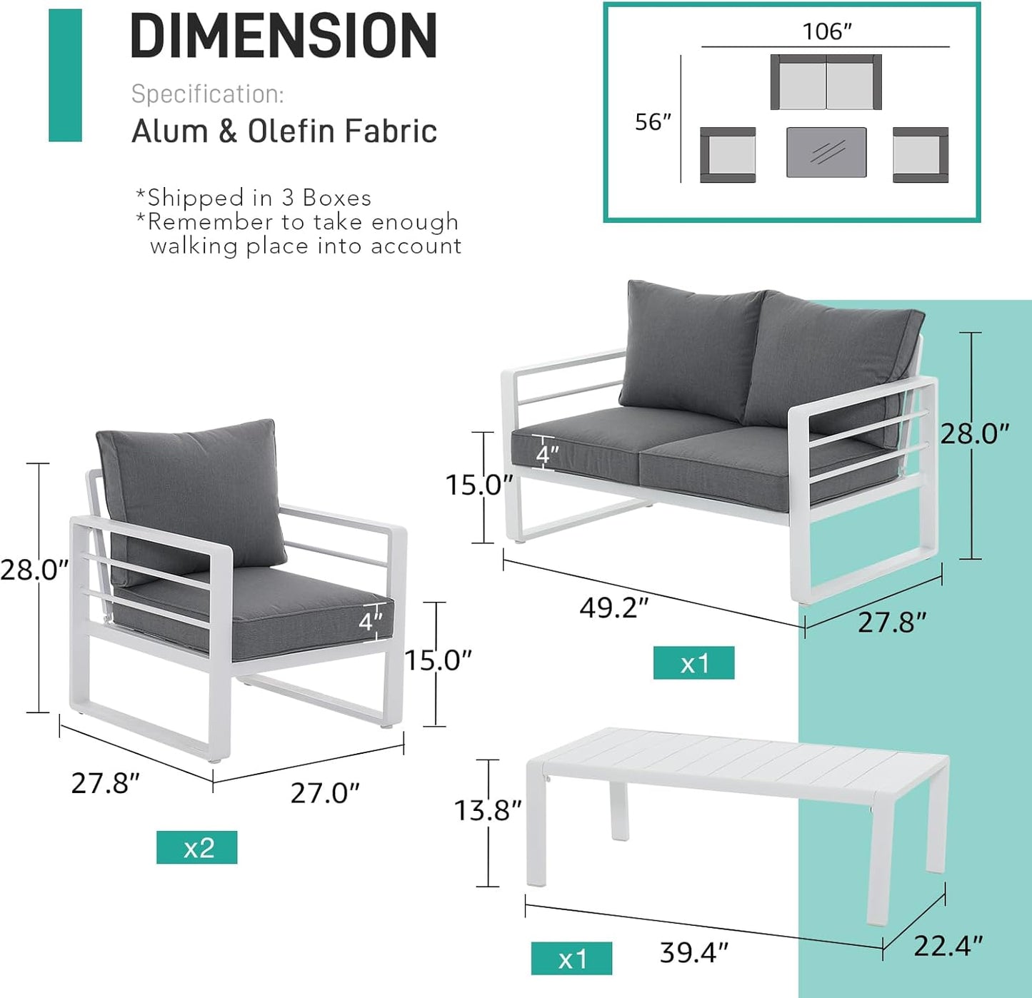Patiorama Aluminum Patio Furniture Set, 4 PCS Modern Patio Conversation Set, All Weather White Outdoor Sectional Sofa Set w/Coffee Table, Loveseat, Superior Olefin Cushion, Garden-Grey Cushion