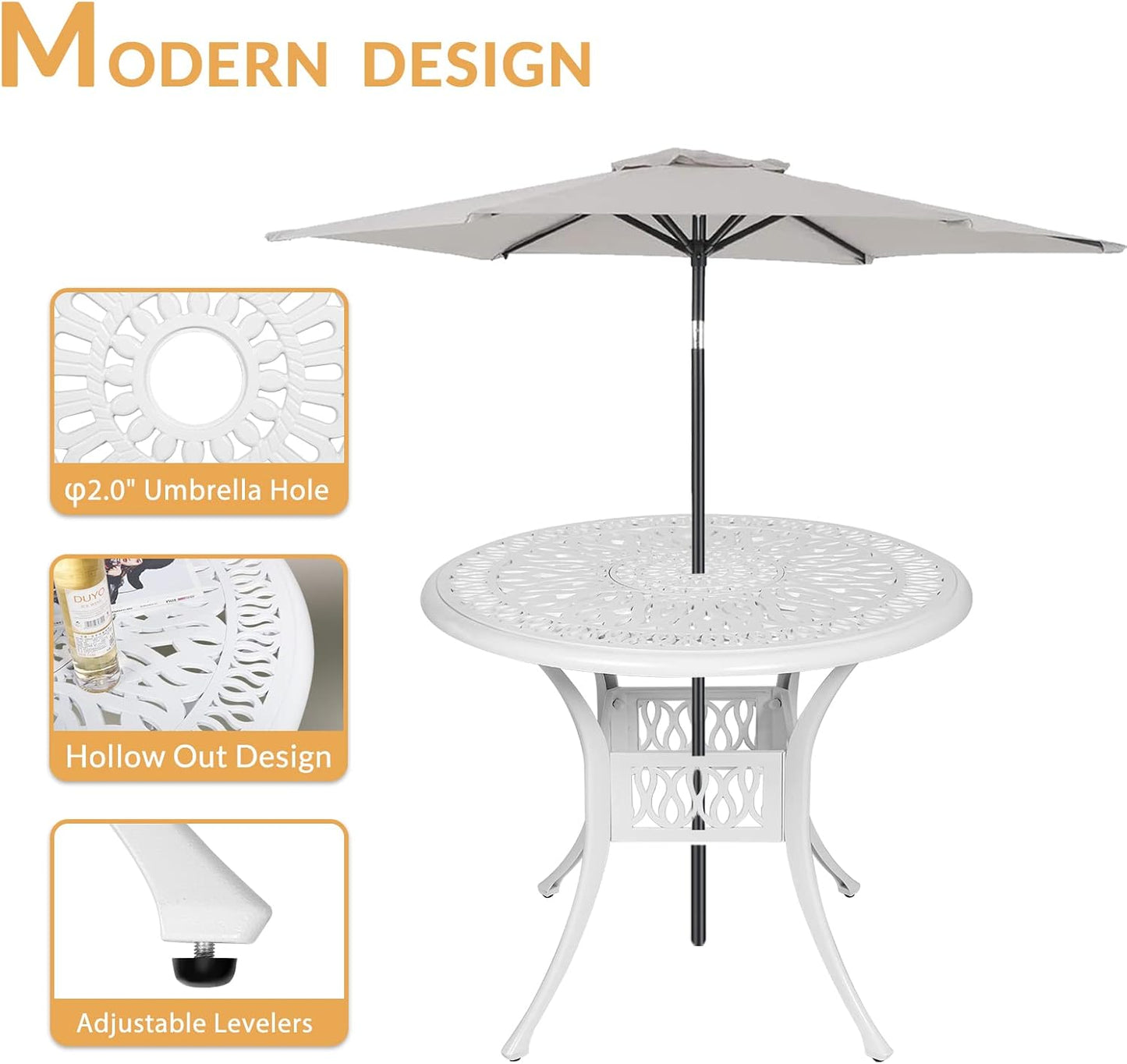 3-Piece Outdoor Patio Dining Set, All-Weather Cast Aluminum Patio Furniture Set for Backyard Garden Deck with 2 Cushioned Chairs and 35.4” Round Table, 2" Umbrella Hole, White