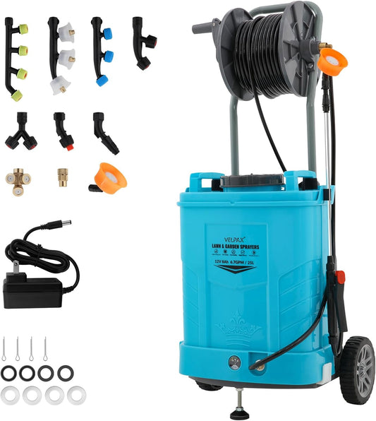 6.6 Gallon Battery Powered Sprayer, Portable Sprayer with Wheels,0-94 PSI,12V 8Ah Battery,Adjustable HD Wand and 10 Nozzles for Weeding, Spraying, Cleaning