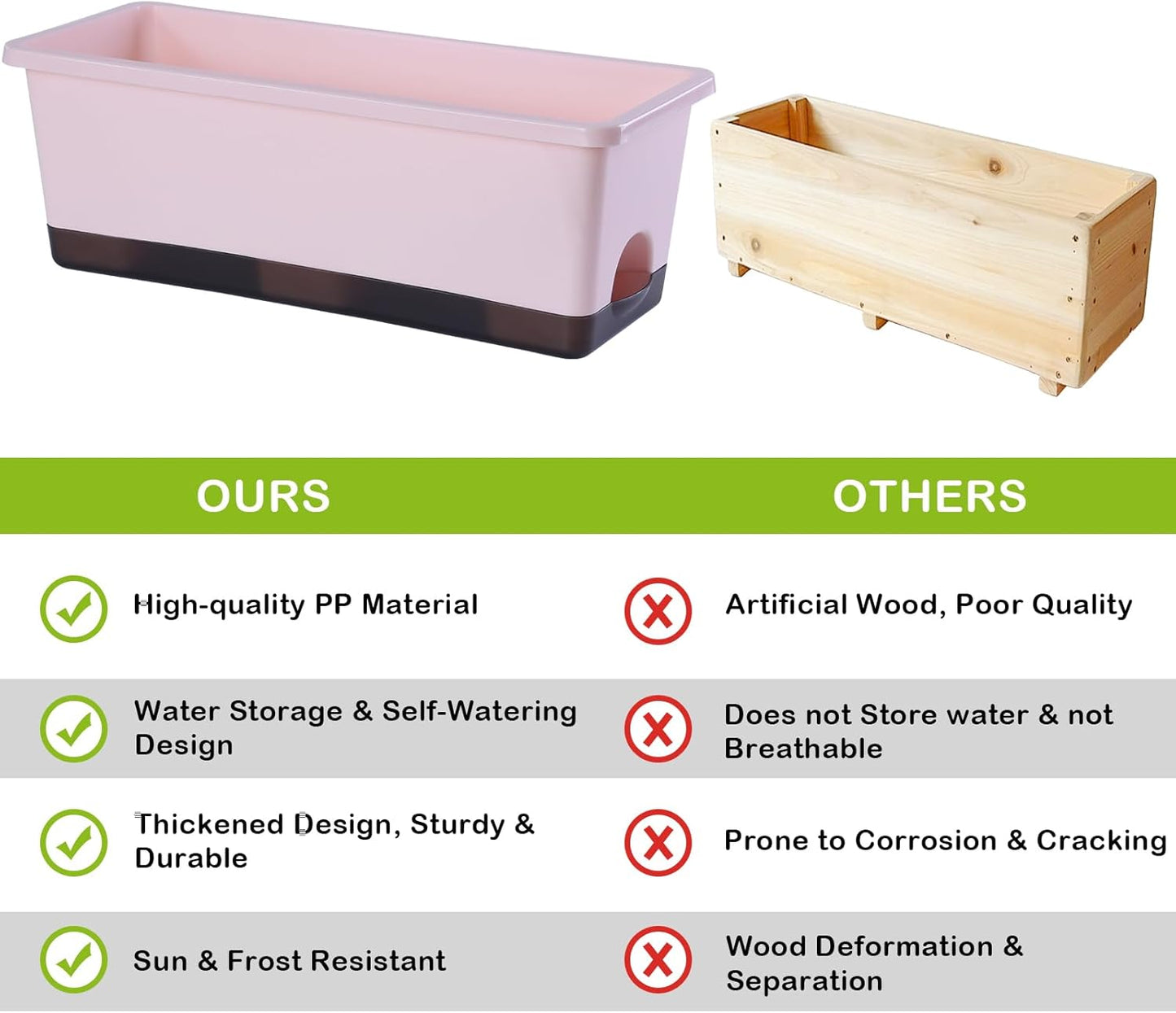 Window Box Planter 8 Pcs, 17 Inches Rectangle Flower Pots with Drainage Holes and Trays, Vegetable Planters for Windowsill Patio Garden Balcony Home Porch Yard Indoor Outdoor (Pink)