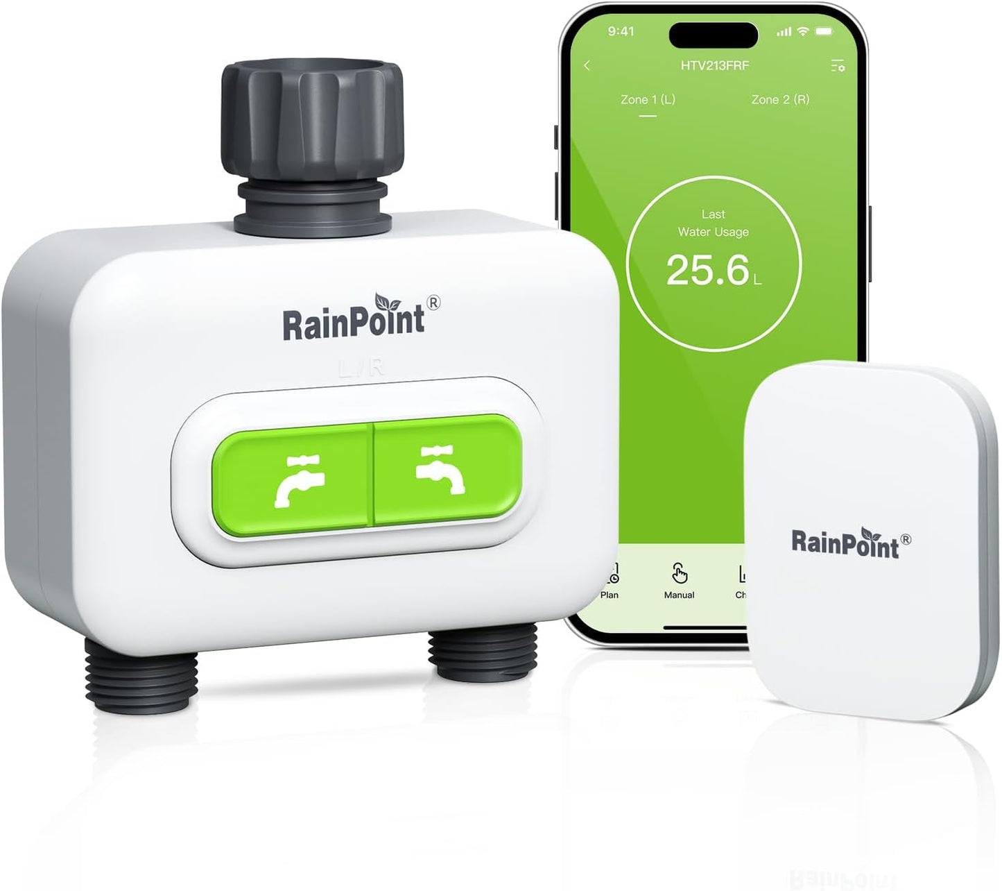 RainPoint 2-zone Wireless Smart Water Timer with Hub for Outdoor Irrigation Rain Delay, APP Remote Control WiFi Watering Timer for Garden Faucet with 2 Outlets Automatic Schedules for Lawn,Garden,Yard