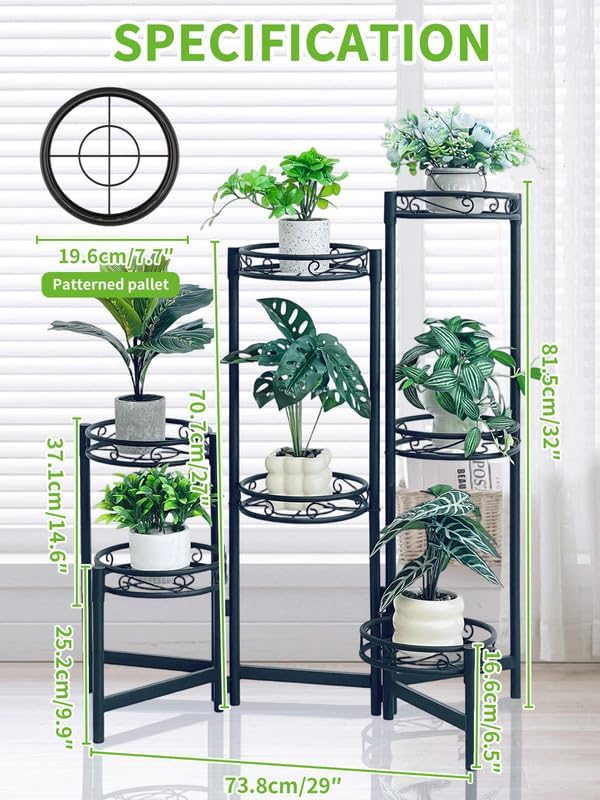 7 Tier Plant Stand, Tall Metal Wrought Iron Plant Shelf Holder for Indoor, Outdoor Folding Tall Display Rack Flower Pot Stand for Corner Living Room Balcony Garden Patio - BlackCircle