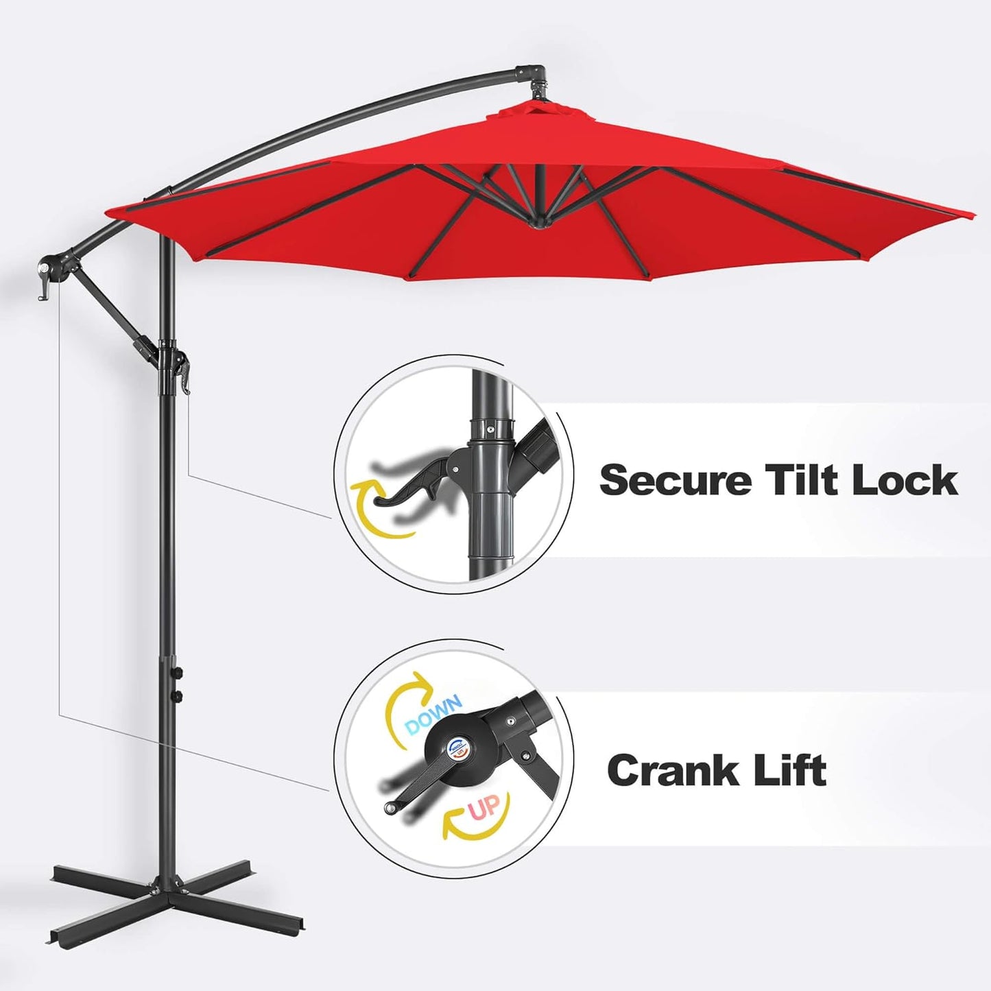 FLAME&SHADE 10ft Cantilever Patio Umbrella Outdoor, Large Offset Umbrella with Crank and Cross Base, UPF 50+ UV Protection Hanging Umbrella for Pool Deck Garden, Red