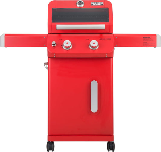 Monument Grills 2-Burner Stainless Steel Liquid Propane Gas Patio Garden Barbecue Grill with Clearview® Lid, Knob Control and Two Foldable Shelves Mesa200R, Red