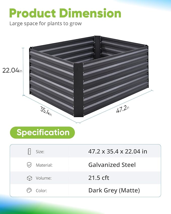 Quictent Galvanized Raised Garden Bed 4x3x2ft Tall Garden Bed Extra Height 22.4" Hold 24cft Soil Outdoor Heightened Planter Box for Deep Root Vegetables Herbs Tomato Cage Included, Dark Grey