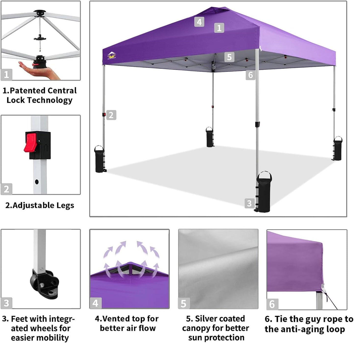 CROWN SHADES 10x10 Pop Up Canopy - Beach Tent with One Push Setup - Easy Outdoor Sun Shade for Events, Parties, Camping - Gazebo with STO-N-Go Cover Bag, Silver Coated Top, Purple
