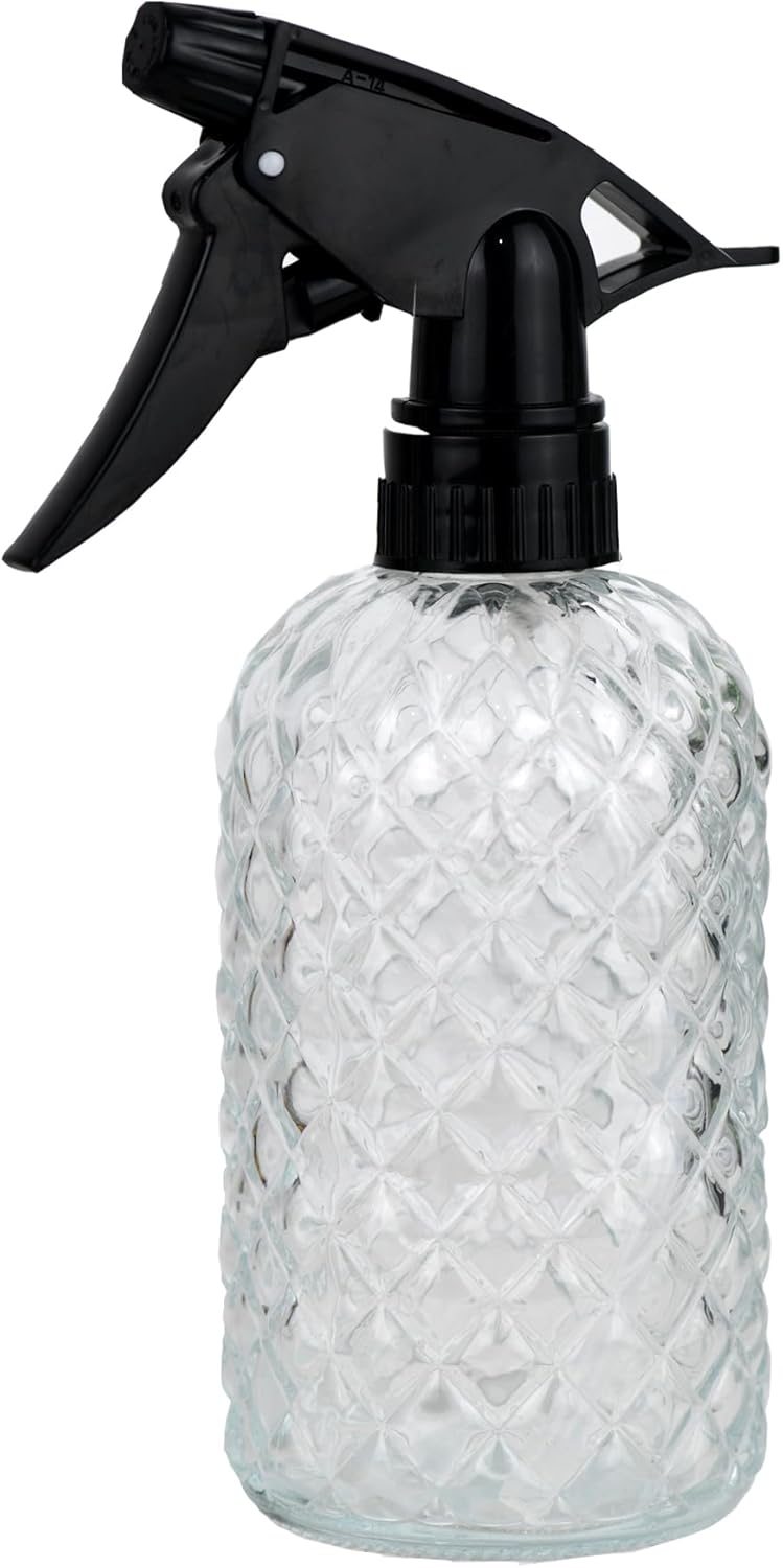 Glass Handheld Spray Bottle - 12oz Refillable Bottle ，Adjustable Nozzle Watering Can for Garden Plants Cleaning Solutions (Clear)
