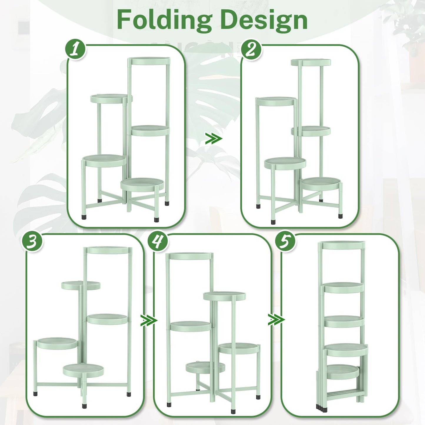 iDavosic.ly Plant Stand Indoor Outdoor, 5 Tier Corner Metal Flower Display Holder Shelf, Folding Tall Orchid Rack for Patio Balcony Porch Garden Living Room House, Light Green