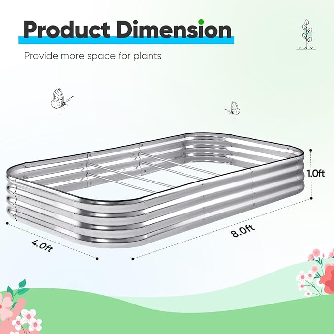 Quictent Galvanized Raised Garden Bed Kit, 8x4x1 ft Oval Metal Planter Box for Vegetables, Rubber Strip Edging Included (Silver)