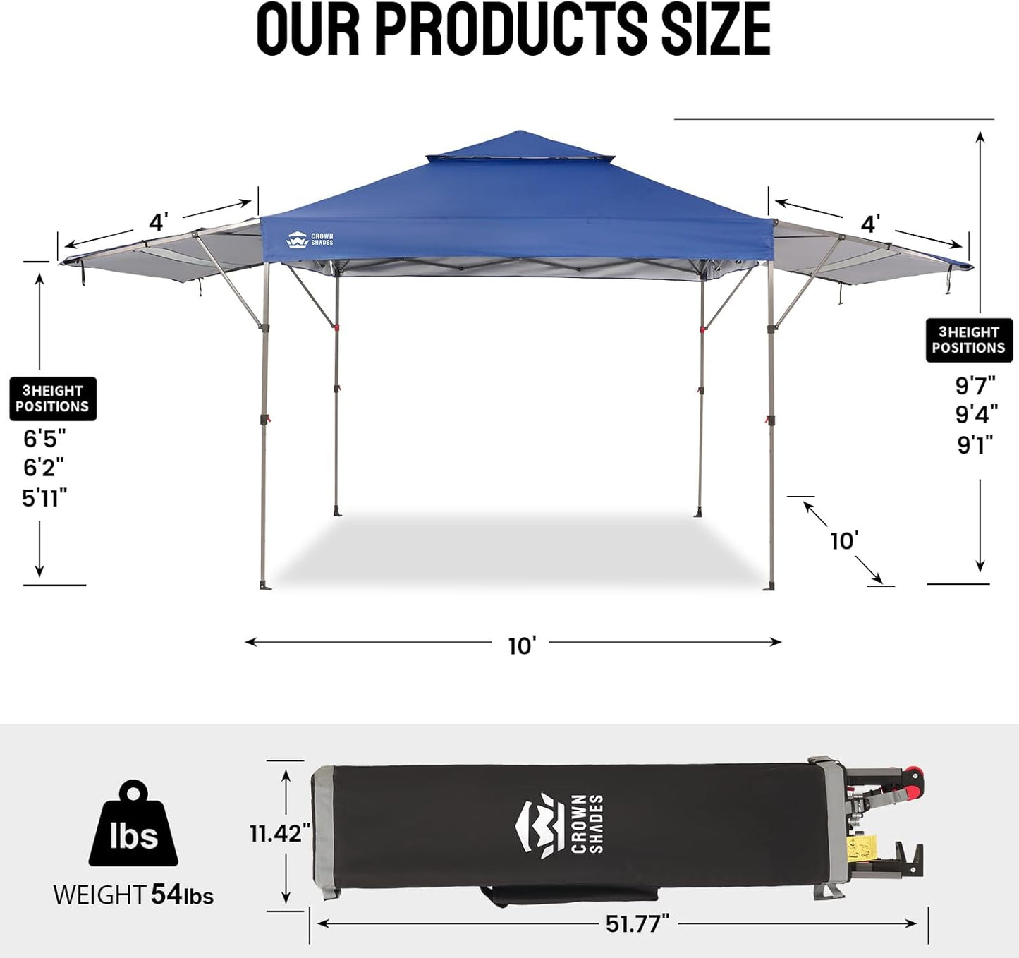CROWN SHADES 10x10 Pop up Canopy Tent Patended Centerlock Instant Commercial Canopy with 150D Silver Coated Fabric Including 2 Extend Awnings, 4 Ropes, 8 Stakes, 4 Weight Bags, Navy Blue