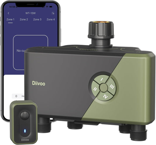 Diivoo 4 Outlets WiFi Water Timer, Sprinkler/Hose/Tap Timer Compatible with Alexa, 24 Preset Irrigation Plans, Rain Delay, and 2 Watering Modes Tailored for Lawns and Yards