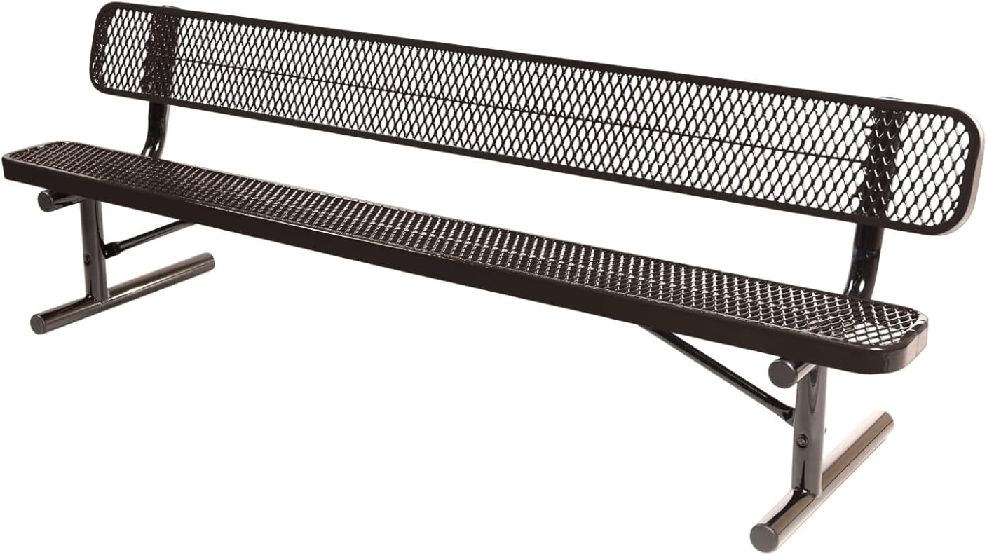 Coated Outdoor Furniture Heavy-Duty Portable Outdoor Bench Thermoplastic Coated, Expanded Metal, Commercial-Grade Seating, Made in America (Portable with Back, 8 Ft, Brown)