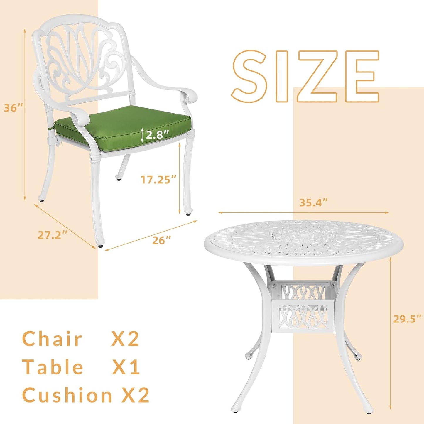 3-Piece Outdoor Patio Dining Set, All-Weather Cast Aluminum Patio Furniture Set for Backyard Garden Deck with 2 Cushioned Chairs and 35.4” Round Table, 2" Umbrella Hole, White