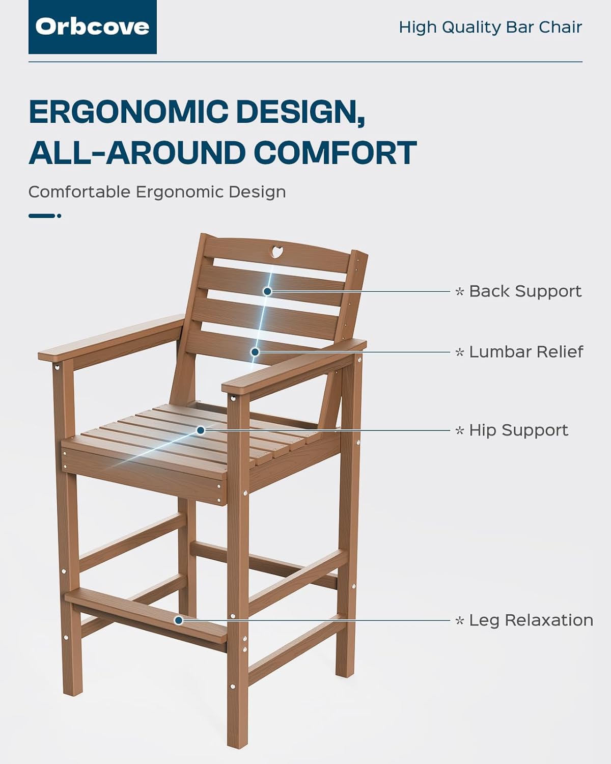Tall Adirondack Chairs Set of 4, HDPE Wood Balcony Adirondack Chairs Set with Heart Cutout Design, Weather-Resistant Bar Height Furniture for Deck, Porch, Pool (Teak)