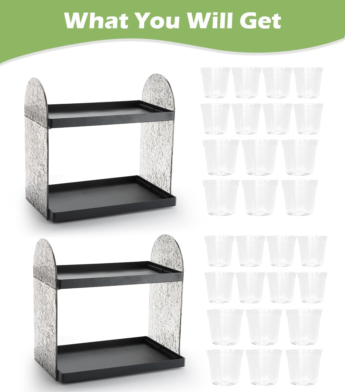 2-Pack Mini Plant Stands with 2.5" & 3" Clear Plastic Pots with Drainage Holes for Plants Indoor Seedling Small Succulent Windowsill Shelf as Gifts for Men Women