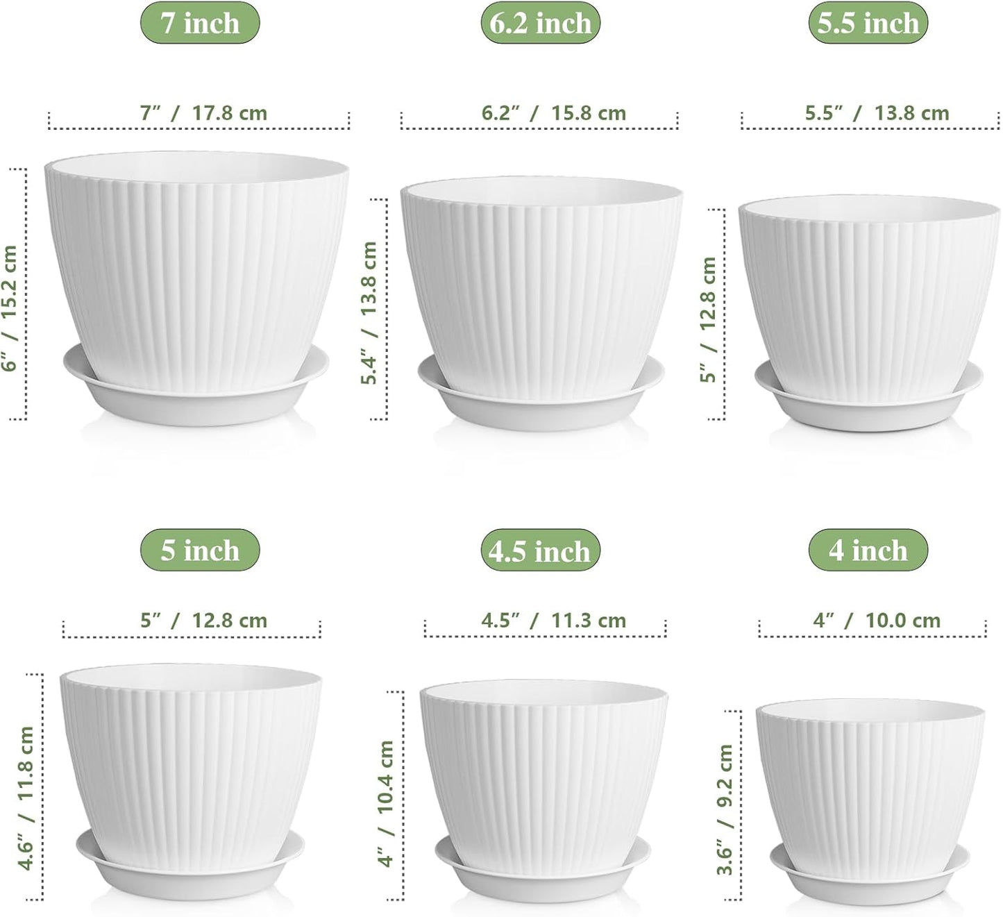 7/6.2/5.5/5/4.5/4 inch Plant Pots, 6 Pack Flower Pots for Small Indoor Outdoor Plants, Plastic Planters with Drainage Holes and Saucers for Garden Succulent House Plants, White