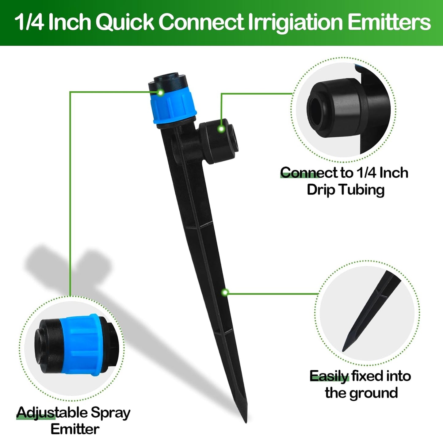 Push-to-Fit Drip Irrigation Vortex Emitters for 1/4" Drip Irrigation Tubing, 30 Pcs Adjustable 360 Degree Water Flow Fan Shape Drippers with Stake for 4/7mm Tube for Garden Watering System