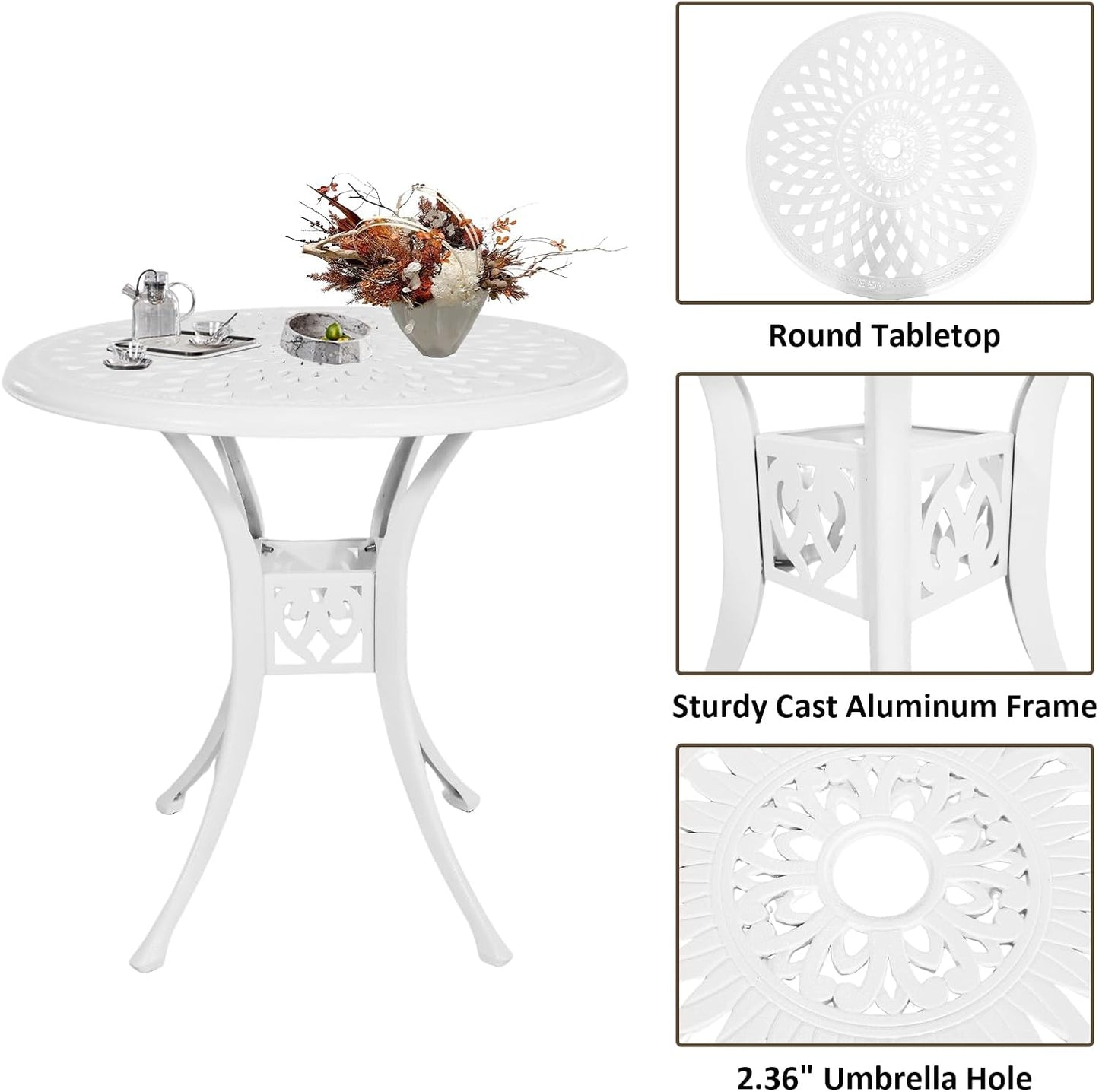 3 Piece Cast Aluminum Bistro Set With Umbrella Hole, Outdoor Patio Furniture With Adjustable Foot Cap, Metal Table and 2 Chairs for Garden, White