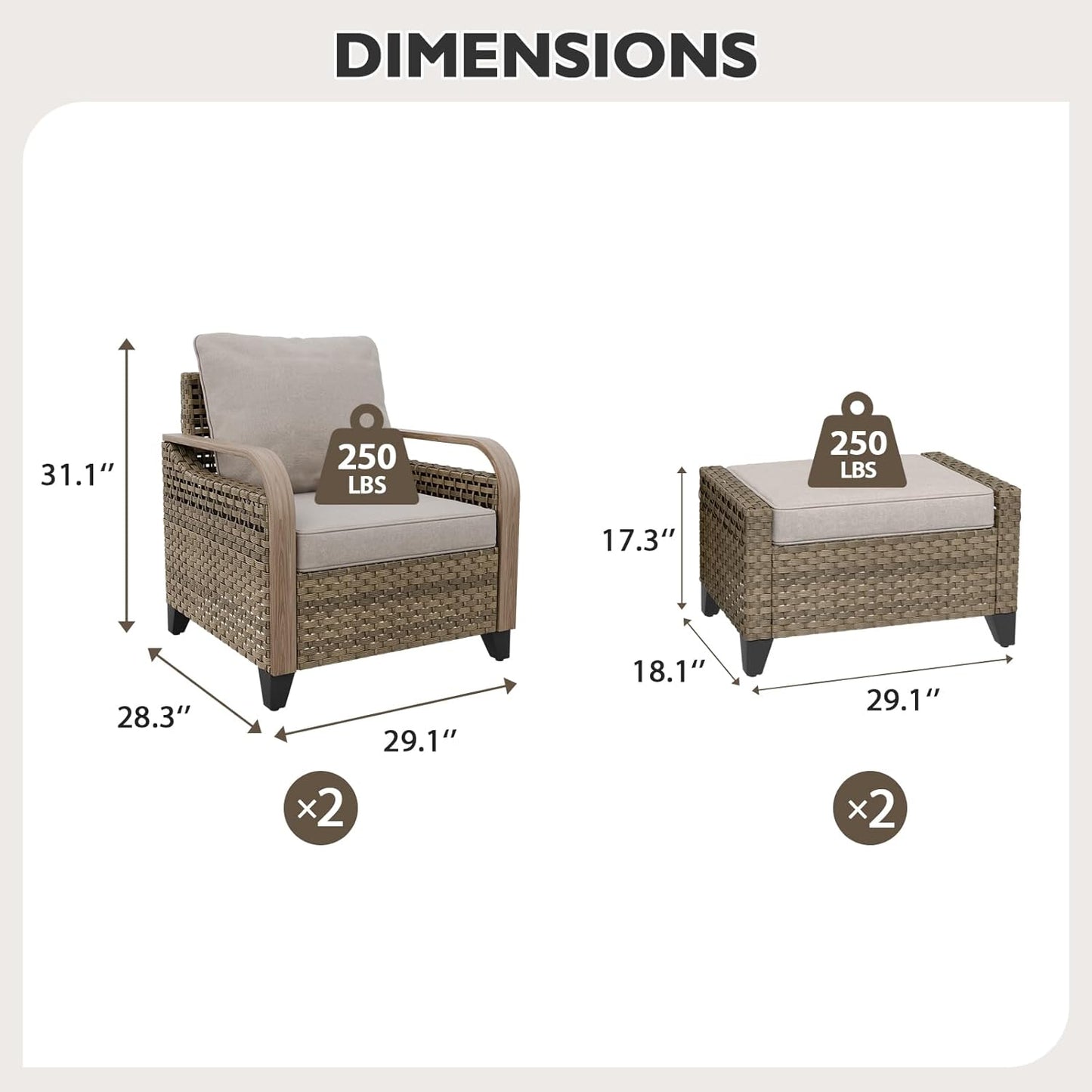 EAGLE PEAK Modern Wicker Outdoor Chair, Patio Chair Curved Armrest, Rattan Patio Furniture for Yard Deck Porch Garden, 2 Chairs 2 Ottomans, 4 Pieces, Brown/Gray