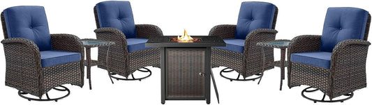7 Pieces Patio Furniture Set with Fire Pit Table - 4 Outdoor Swivel Rocker Chairs with 50000BTU Propane Fire Table and 2 Side Table, Outdoor Conversation Set for Casual Gathering