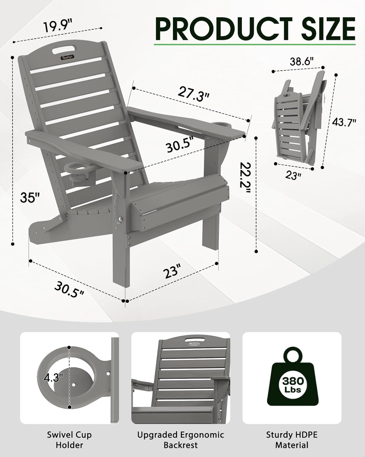 Adirondack Chair Folding HDPE Adirondack Chairs with Cup Holder, Outdoor Fire Pit Chairs All-Weather Lawn Chair for Deck Patio Garden (Grey)