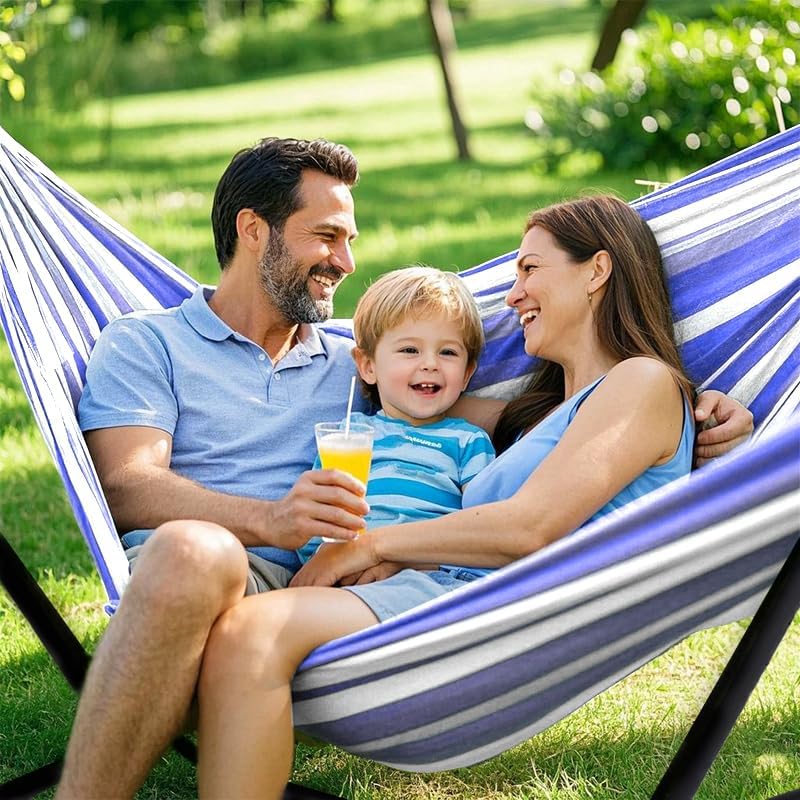 Double Hammock, Heavy Duty Portable, 500 lb Weight Capacity, Perfect for Both Indoors and Outdoors, 2 Person Hammock with Carrying Bag, Blue White