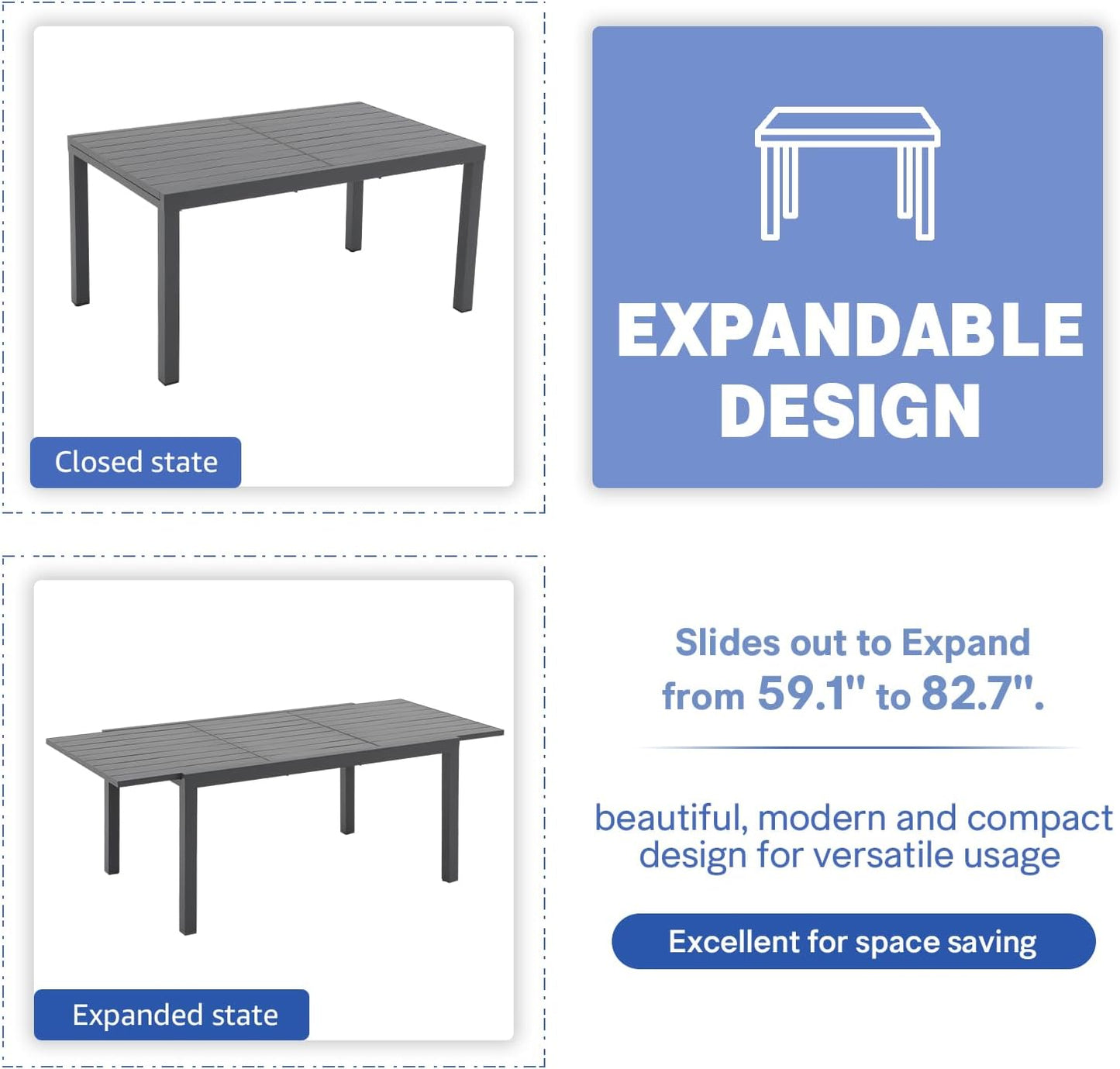 Soleil Jardin Aluminum Patio Extendable Dining Table, 59" - 83", Adjustable Indoor Outdoor Furniture Rectangle Table for 6-8 Person Porch Deck Garden, Dark-Grey