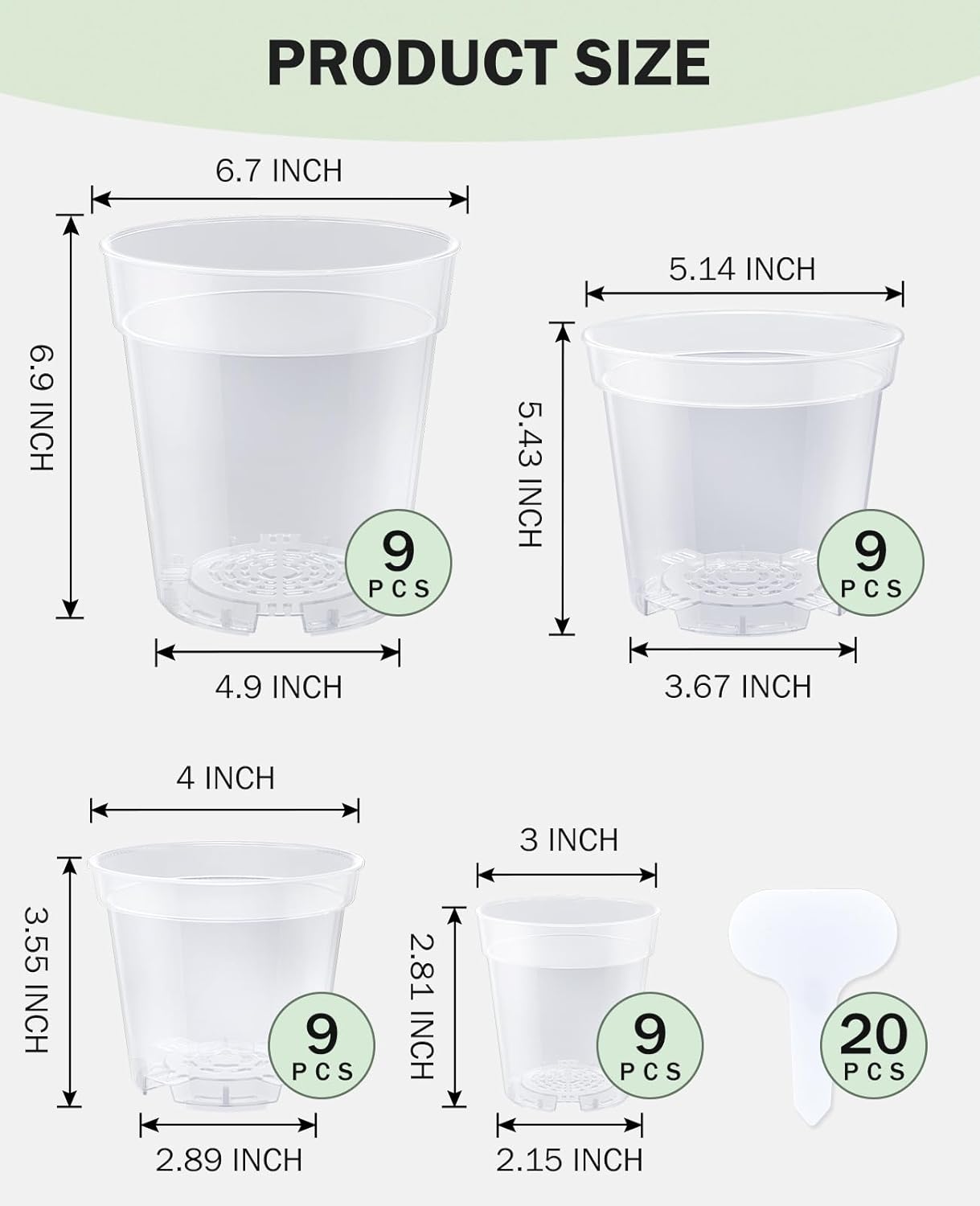 homenote Clear Nursery Pots for Plants,3/4/5/6.7 Inch Plant Pot for Planting Plastic Seedling Pots with Drainage Holes Seed Starter Pot Flower Pots High Transparency with 20 Plant Labels (36 Pack)