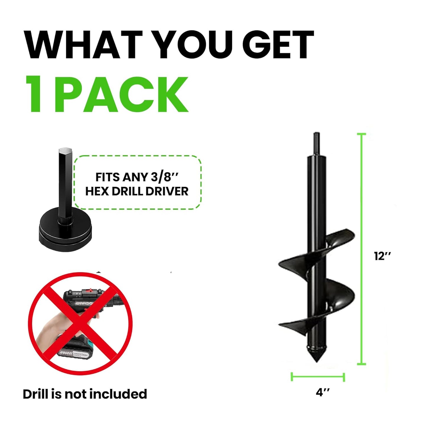 K-Brands Auger Drill Bit for Planting – 4 x 12 Inch - Garden Spiral Hole Drill Planter for Bulb Planting, Bedding Plants, Umbrella Holes - 3/8 Inch Hex Drive Drill