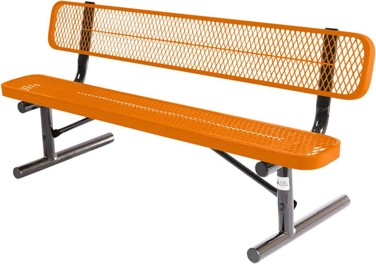 Coated Outdoor Furniture Heavy-Duty Portable Outdoor Bench Thermoplastic Coated, Expanded Metal, Commercial-Grade Seating, Made in America (Portable with Back, 6 Ft, Orange)