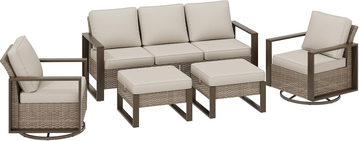 5 Pieces Metal Wicker Patio Furniture Set with 75" Sofa, Two Swivel Chairs and Two Ottomans, All Weather Rattan Outdoor Conversation Furniture with Washable Cushions for Porch, Beige