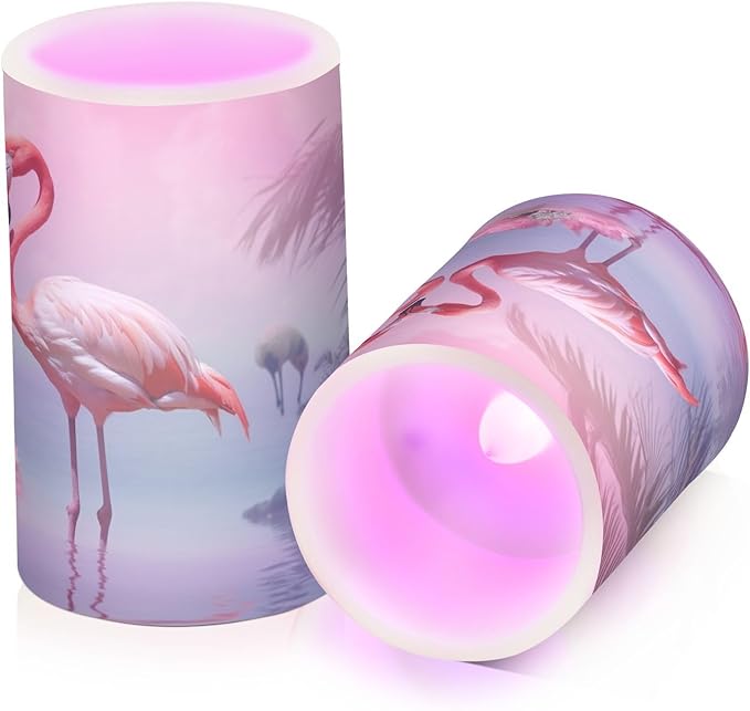 Flamingo Flameless Candles with Remote Control and Timer, Adjustable Brightness Long Lasting Battery Operated LED Pillar Candles for Indoor Outdoor Party Home Decor, 2 Pack
