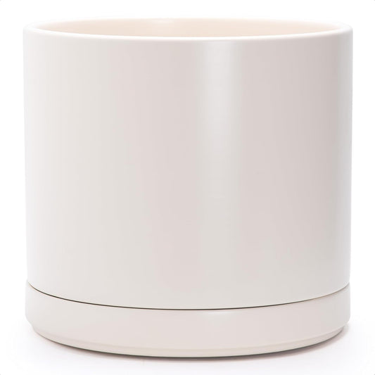 D'vine Dev 14 Inch Ceramic Planter Pot with Drainage Hole and Saucer, Indoor Cylinder Round Planter Pot, Oatmeal, 94-O-G-8