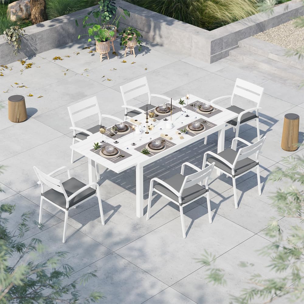 Soleil Jardin Aluminum Patio Extendable Dining Table, 59" - 83", Adjustable Indoor Outdoor Furniture Rectangle Table for 6-8 Person Porch Deck Garden, White