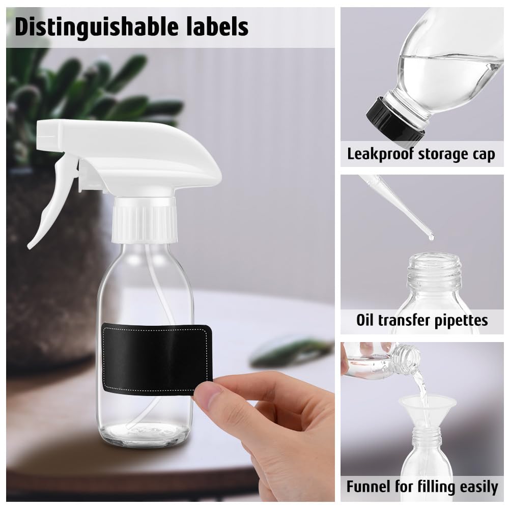 Tecohouse Glass Spray Bottles 4 OZ, Empty Small Spray Bottles 2 Pack for Essential Oils, Cleaning Solutions, Plants, Hair Mister, withDurable Nozzle, Labels, Funnel, Pipettes Clear