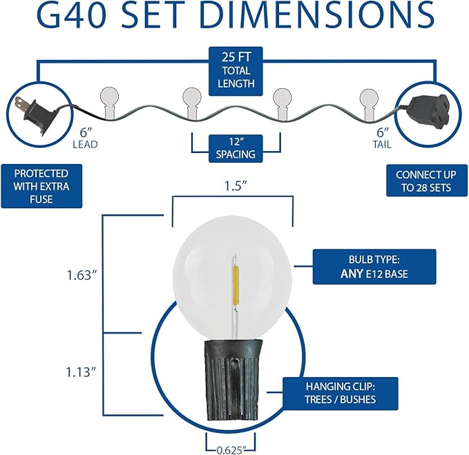 Novelty Lights 25 Feet G40 LED Patio String Lights with 25 Bulbs, Warm White, Weather Resistant and Shatterproof Replaceable Plastic Globe Bulbs, White Wire